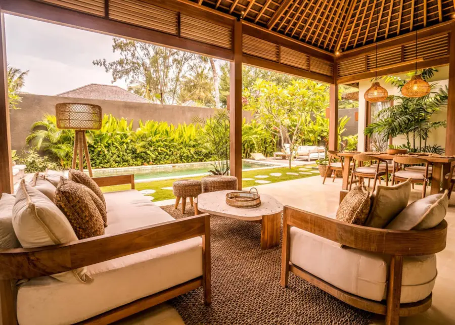 The open-air living area in a villa at Cocana Resort in Gili Trawangan, Lombok, Indonesia