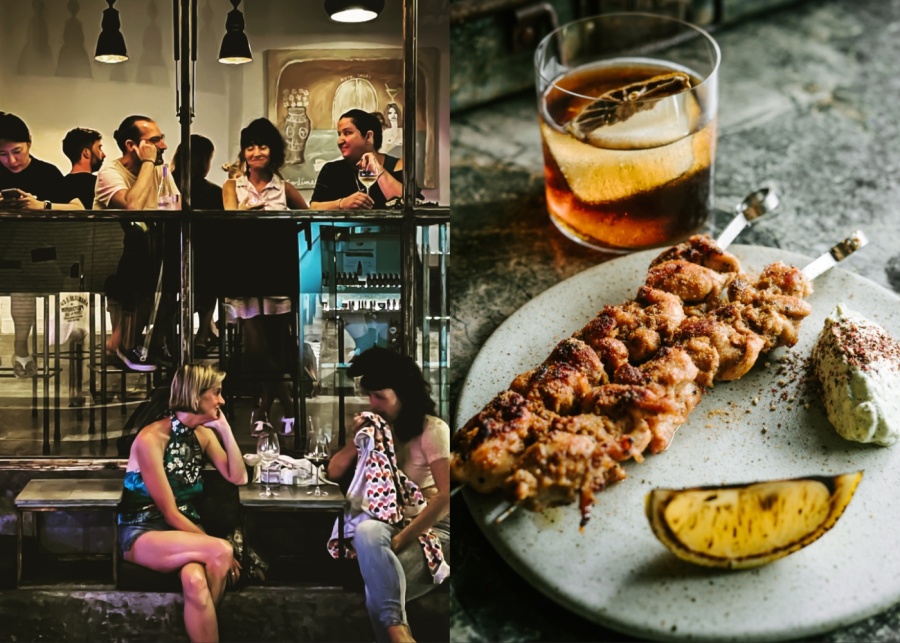 Left: people enjoying cocktails and catch-ups in the street-side Bacari cocktail bar. Right: chicken skewers and a Negroni