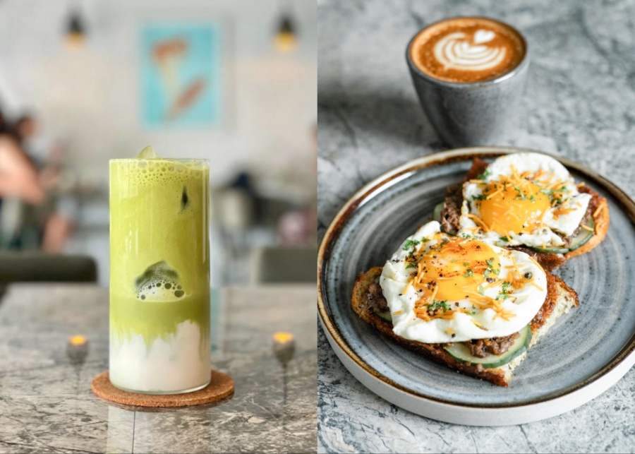 Left: iced matcha in the urban-style Tucky Cafe. Right: the Fried Eggs Lamb Shoulder breakfast dish