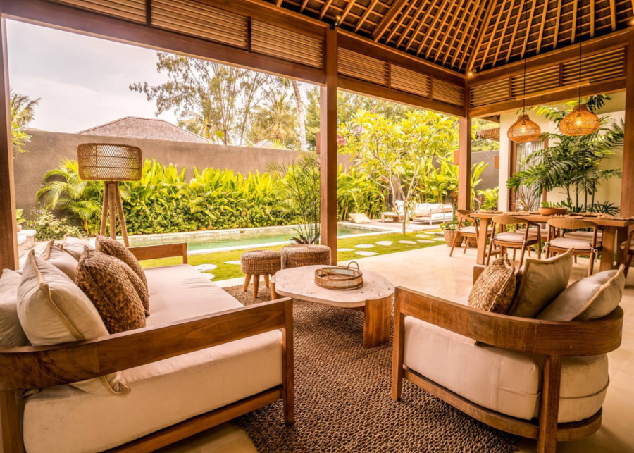 The open-air living area in a villa at Cocana Resort in Gili Trawangan, Lombok, Indonesia