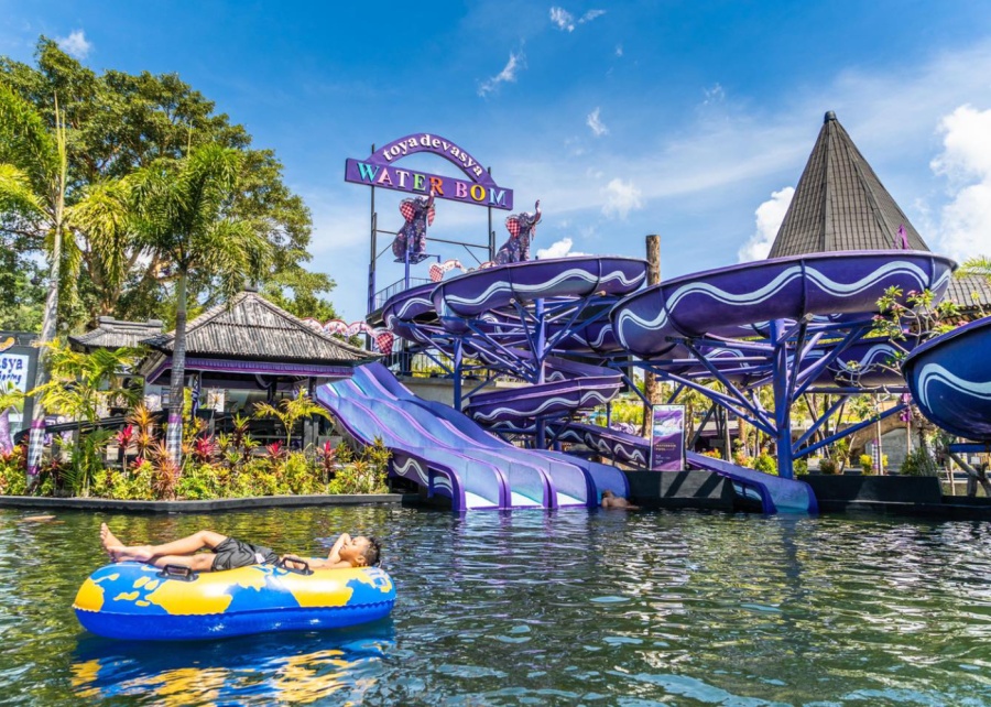 Water park with hot spring water in Toya Devasya hotel in Kintamani, Bali, Indonesia