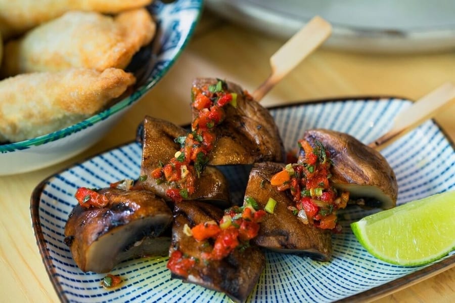 Uma Nota gluten-free restaurants in Hong Kong mushroom skewers