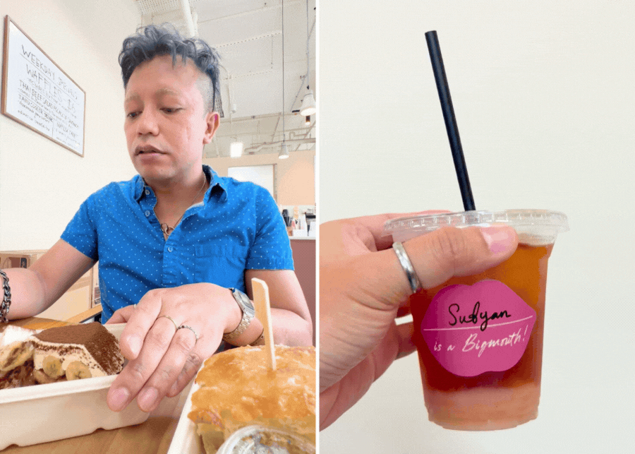 Sufyan Saad opening his big mouth to eat and lychee ooling tea sea salt foam | Big Mouth Bakehouse