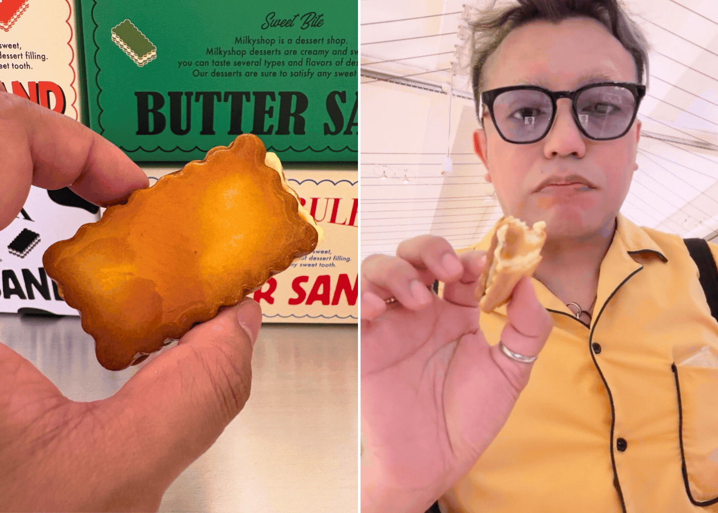 Creme brulee butter sand and Sufyan eating | MilkyShop's pop-up store in New Bahru, Singapore